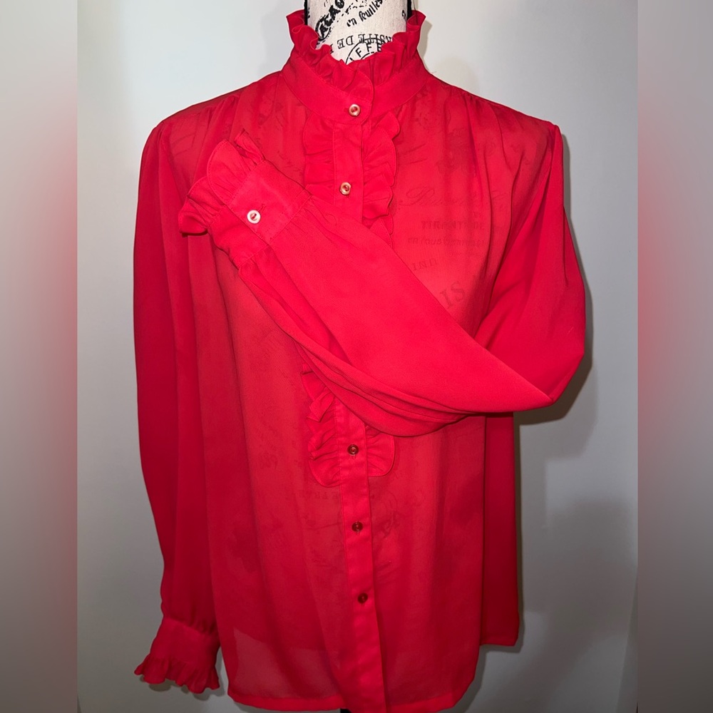 Alicia Vintage Red Ruffle High Neck Blouse Secretary Victorian Romantic Size 14 - Picture 7 of 11